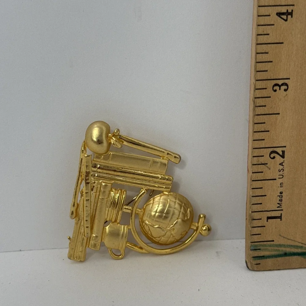 Teacher Brooch Pin Fashion Jewelry Gold Color Globe Books Apple Desk 2